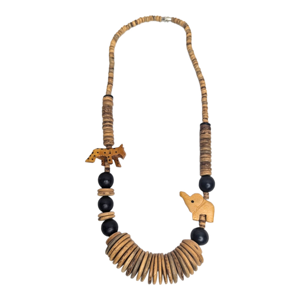 Handmade Wooden Safari Animal Bead Necklace Elephant Leopard‎ Brown Black Boho